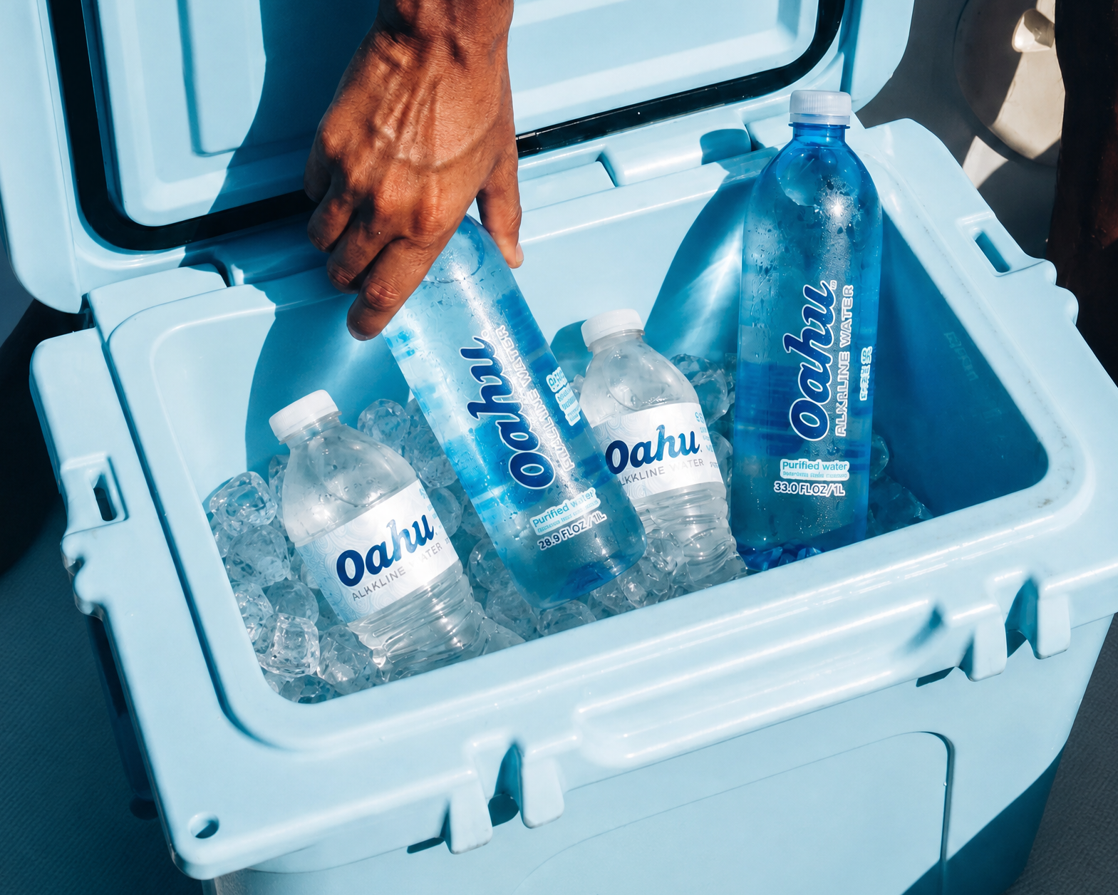 Oahu water bottles on ice